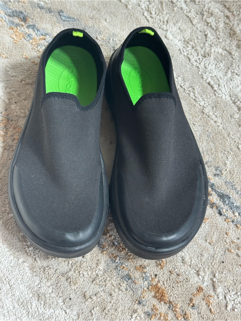 OOFOS Black Slip-On Shoes with Bright Green Insole